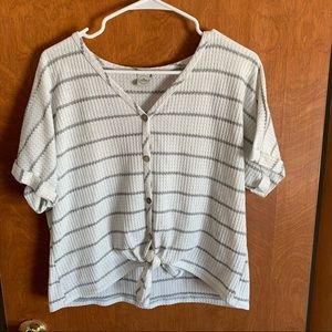 Waffle Knit Striped Button Up w/ Tie Front